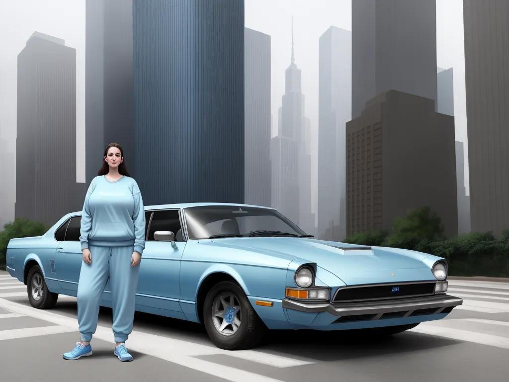 ai text image - a woman standing next to a blue car in a city street with tall buildings in the background and a woman in blue pajamas standing next to a blue car, by Barkley Hendricks