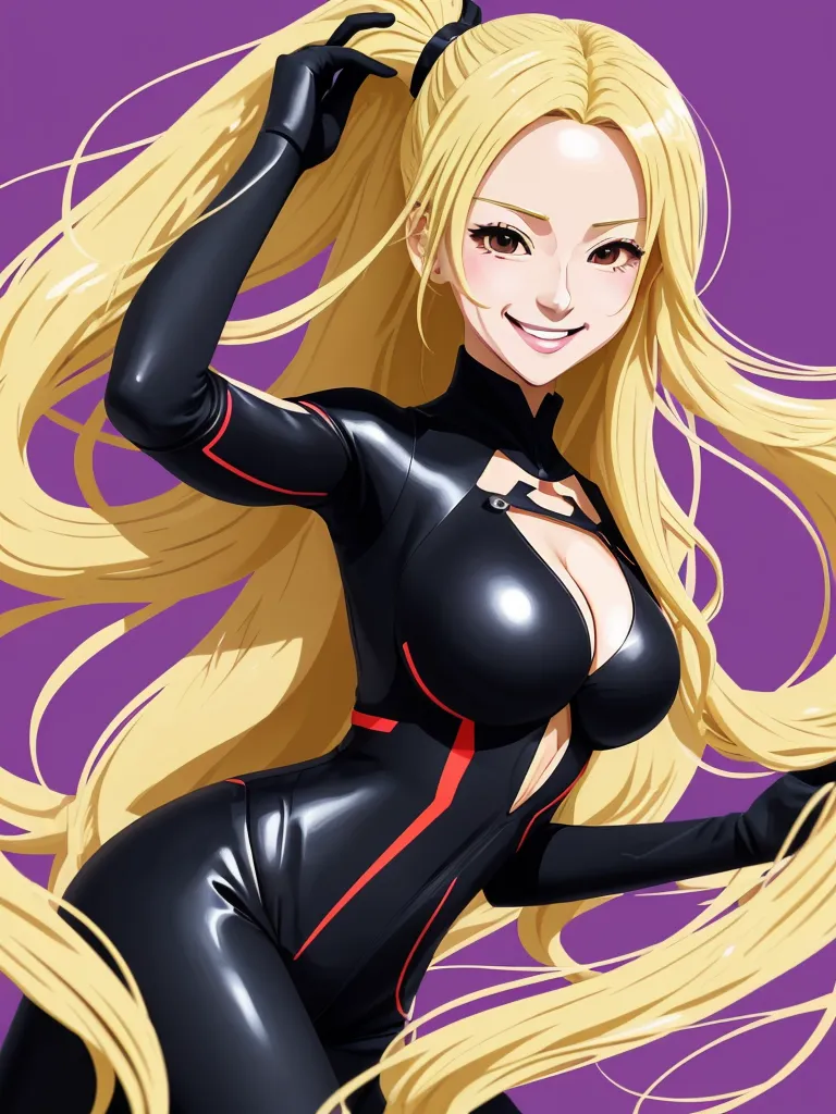 turn photo to 4k - a cartoon character with long blonde hair and a black outfit on, posing for a picture with her hands behind her head, by Hiromu Arakawa