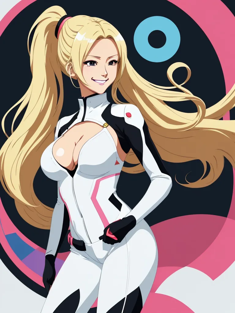 a cartoon character with long blonde hair and a white suit with a pink circle in the background and a pink circle with a blue circle, by Leiji Matsumoto