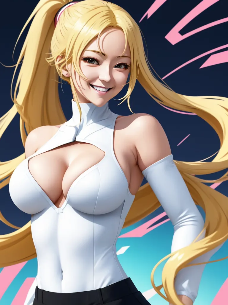 photo converter - a cartoon girl with long blonde hair and a white top on her chest and a pink background with a blue sky, by Toei Animations