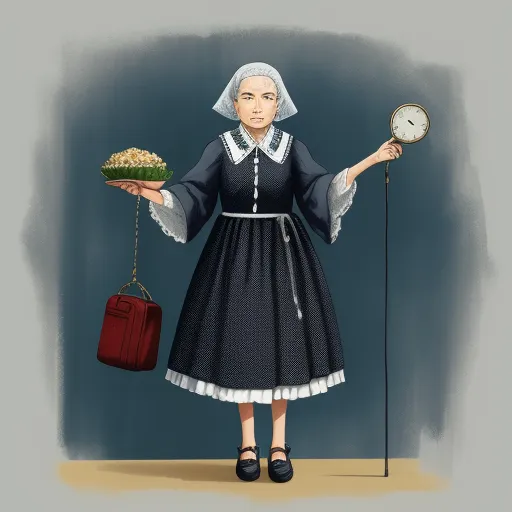a woman in a dress holding a clock and a plate of food with a clock on it's arm, by Mary Anning