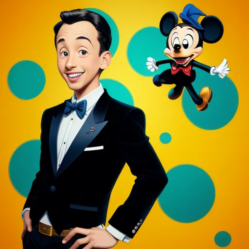 a man in a tuxedo and mickey mouse in a suit and bow tie with bubbles in the background, by Hanna-Barbera