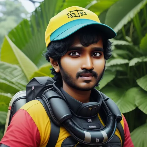 a man with a hat and a camera in front of a jungle background with leaves and plants in the foreground, by Atey Ghailan