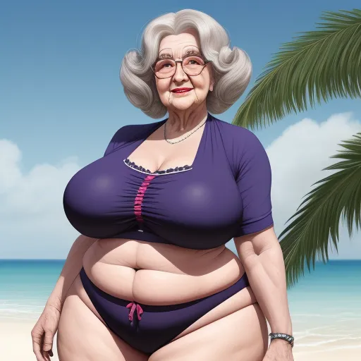 best ai photo enhancement software - a woman in a purple bikini standing on a beach next to a palm tree and the ocean in the background, by Fernando Botero