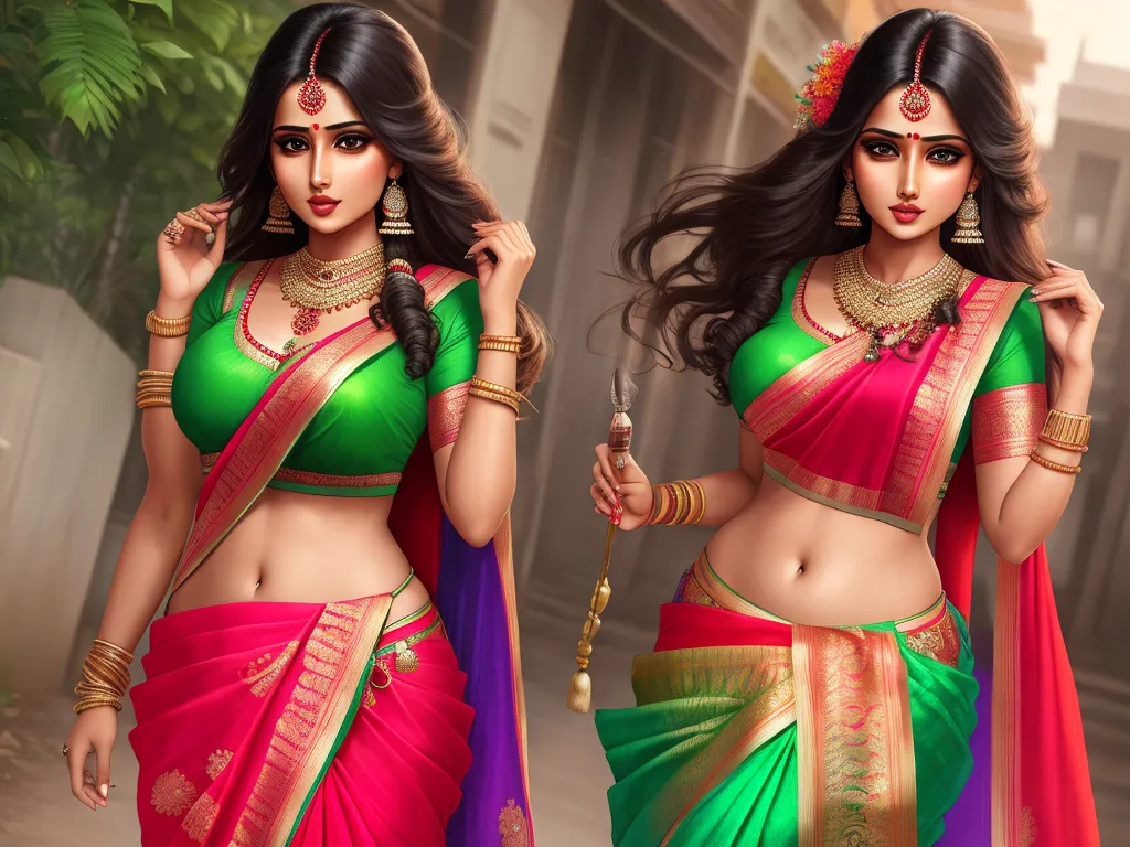 ultra high resolution images free - a woman in a green and pink sari with a red and green blouse and a pink and green sari, by Raja Ravi Varma