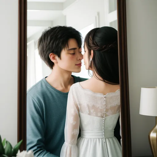 low quality - a man and woman are looking at each other in a mirror together, the man is holding the woman's head, by Chen Daofu