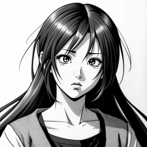 a girl with long hair and a black shirt on is staring at the camera with a serious look on her face, by Takeshi Obata