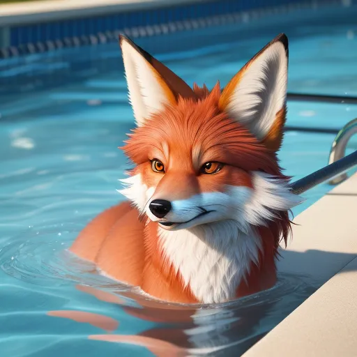a fox is swimming in a pool with a pool ladder in it's mouth and a pool of water behind it, by Dan Smith