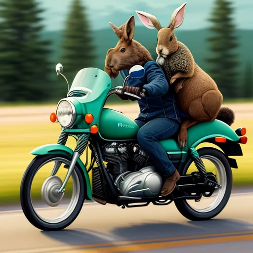 a painting of two rabbits riding a motorcycle with a woman on the back of it and a man on the back of the motorcycle, by Amandine Van Ray