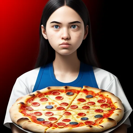 ai image generator online - a woman holding a pizza on a plate with a slice missing from it's crust and looking at the camera, by Terada Katsuya