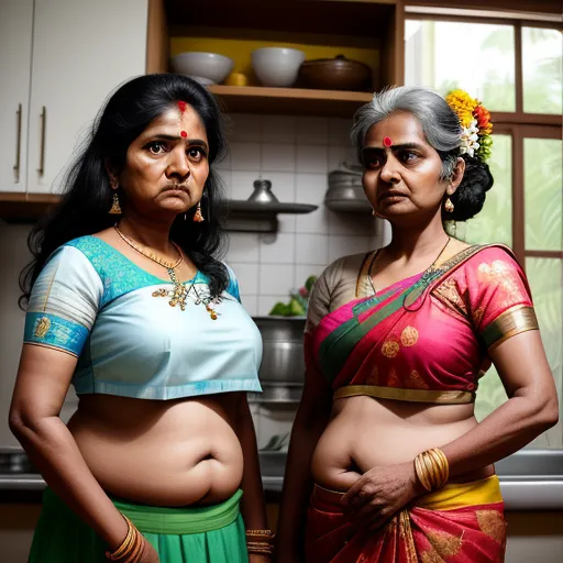 two women standing next to each other in a kitchen with a pot on the stove top and a pot on the counter, by Alec Soth