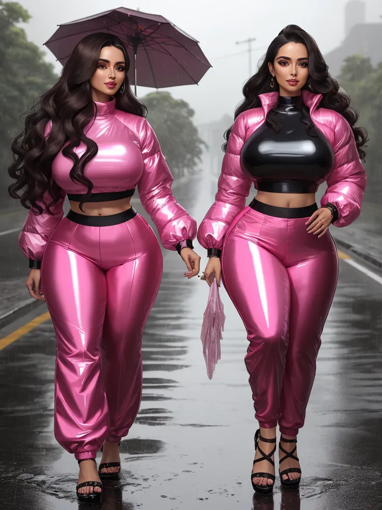 increase resolution of photo - two women in shiny pink outfits walking down a street in the rain with an umbrella over their heads and one holding an umbrella, by Fernando Botero