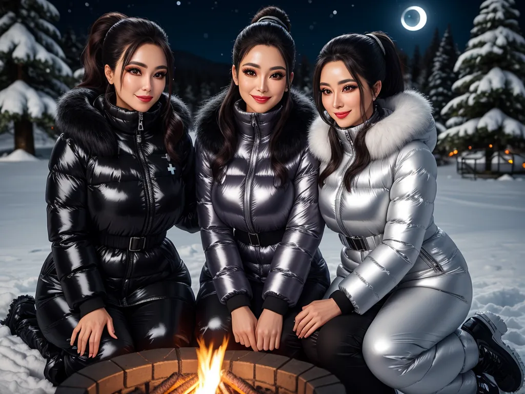 best photo ai software - three women sitting next to a fire pit in the snow at night time with a full moon in the background, by Sailor Moon