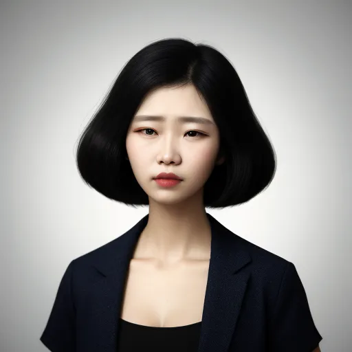 upscaler - a woman with a black hair and a black top is posing for a picture with a gray background and a white background, by Chen Daofu