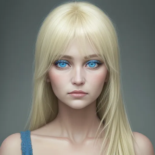 convert photo to 4k - a blonde doll with blue eyes and long hair is posed for a picture in a blue dress and a gray background, by Terada Katsuya