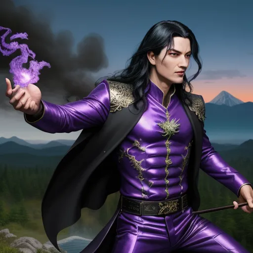 how do i improve the quality of a photo - a man in a purple outfit holding a purple dragon wand and a purple dragon on his arm, with a mountain in the background, by Baiōken Eishun
