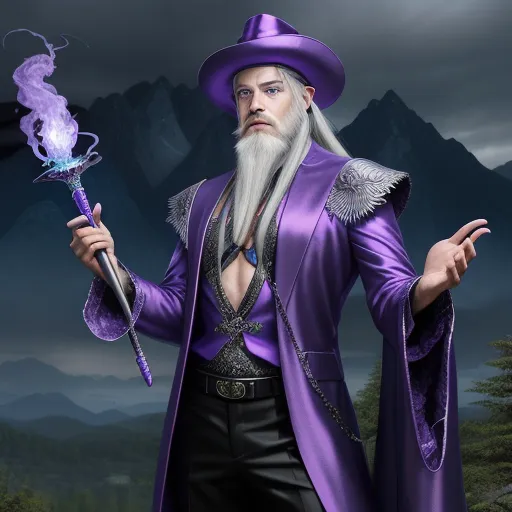 a wizard with a long white beard holding a wand and a purple hat on his head and a purple robe on his body, by David LaChapelle