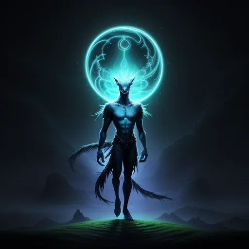 free ai photo - a man with a horned head and a glowing ring around his neck standing on a hill in the dark, by Lois van Baarle