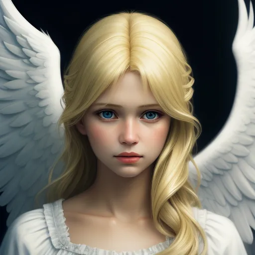 a painting of a blonde angel with blue eyes and long hair with white wings on a black background with a black background, by Daniela Uhlig