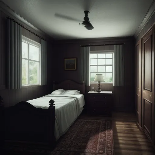 how do i improve the quality of a photo - a bedroom with a bed and a dresser in it and a window with curtains on it and a rug on the floor, by Daniel Seghers