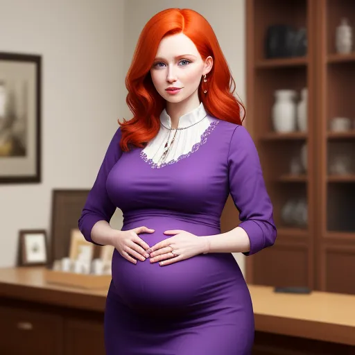 a pregnant woman in a purple dress poses for a picture in a room with a bookcase and shelves, by Terada Katsuya