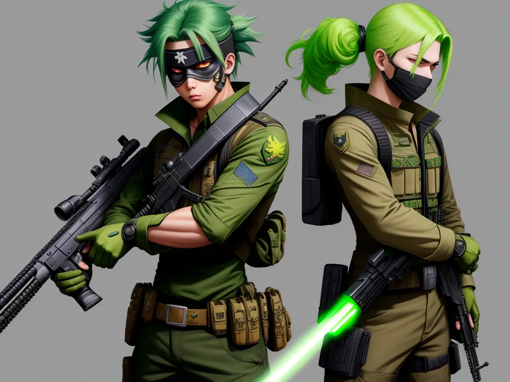 two people in green uniforms with guns and green hair, one with green hair and the other with green hair, by Hiromu Arakawa