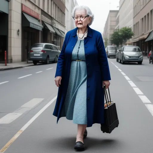 best ai text to image generator - an older woman walking down a street holding a briefcase and a purse in her hand and a handbag in her other hand, by Matthias Jung