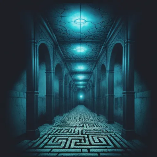 a long hallway with a maze in the middle of it and a light at the end of the hallway, by Andy Fairhurst