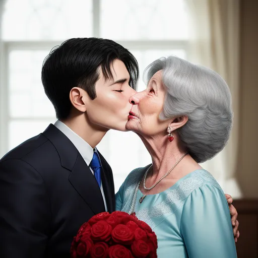 a man and woman kissing each other in front of a window with a red rose bouquet in front of them, by Chen Daofu