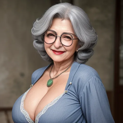 a woman with glasses and a necklace on her neck posing for a picture in a blue shirt and jeans, by Botero