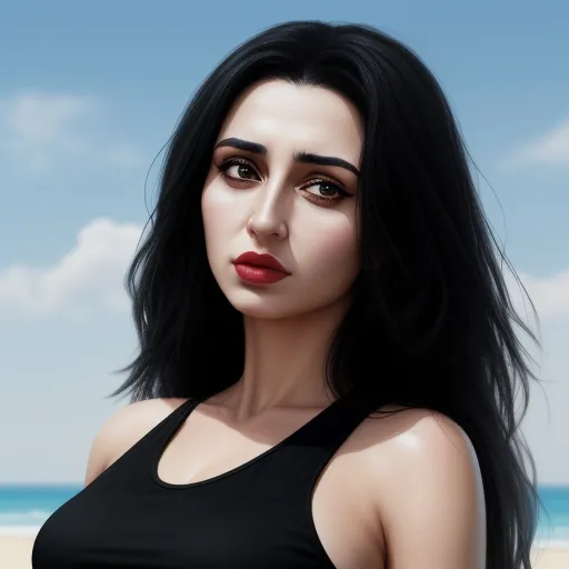 make image higher resolution - a woman with long black hair and a black top on a beach with a blue sky and clouds in the background, by Lois van Baarle