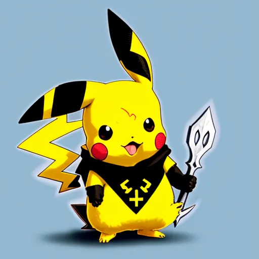 a cartoon pikachu holding a sword and a sword blade in his hand and wearing a black and yellow shirt, by Ken Sugimori