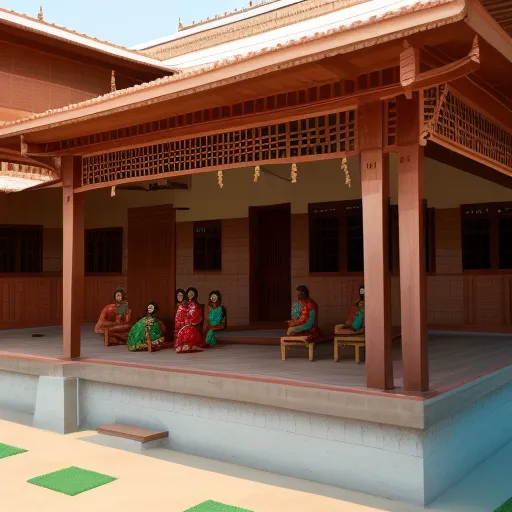 ai image enlarger - a group of people sitting on a porch next to a building with a pool in front of it and a sky background, by Frédéric Bazille