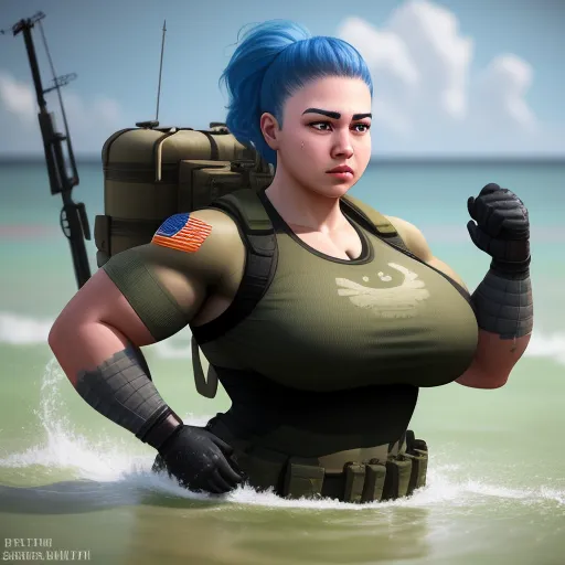 4k hd photo converter - a woman with blue hair and a gun in the water with a backpack on her back and a flag on her shoulder, by Terada Katsuya