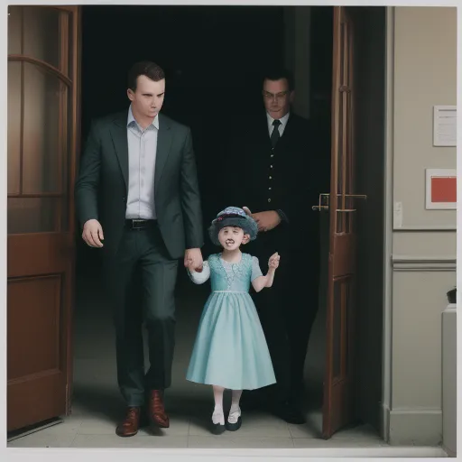 a man and a little girl are walking out of a door together, with a man in a suit and tie, by Julie Blackmon