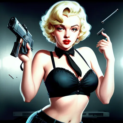 a woman in a bra top holding a gun and a cigarette in her hand and a gun in her other hand, by George Manson