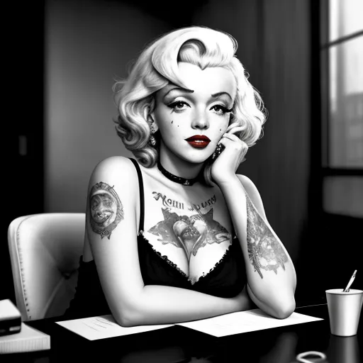 ai image generator dall e - a woman with tattoos sitting at a desk with a cup of coffee and a pen in her hand and a pen in her other hand, by George Manson