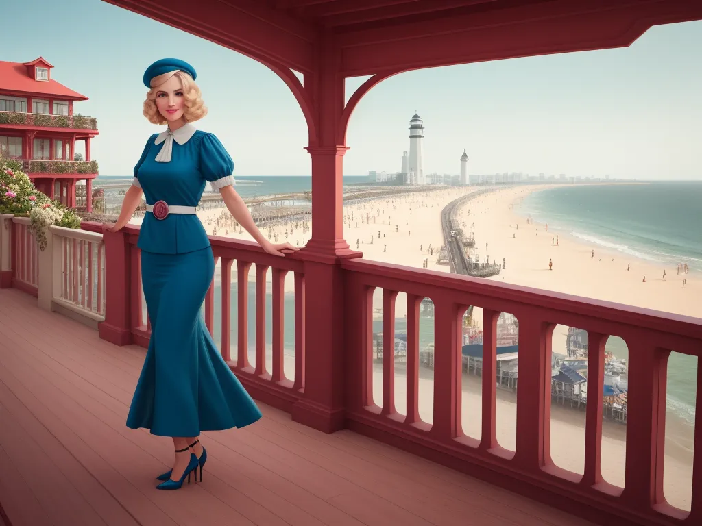 convert image to text ai - a woman in a blue dress standing on a balcony near the beach and a red building with a light house, by Jamie Baldridge