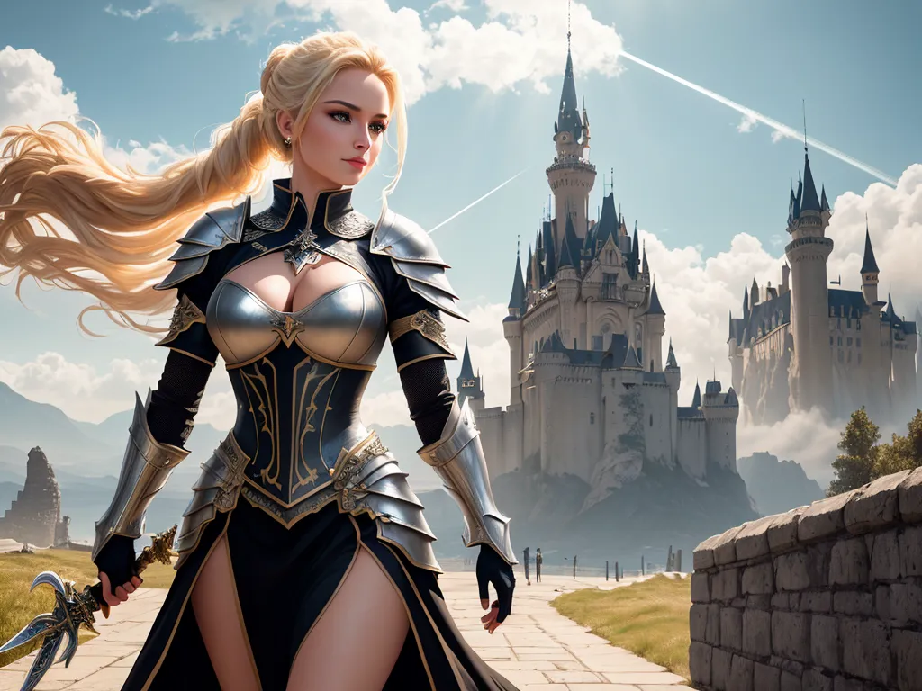 make any photo hd - a woman in a black dress with a sword in front of a castle with a sky background and clouds, by Sailor Moon