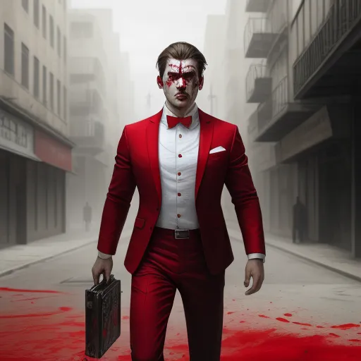 a man in a red suit and red eye makeup holding a briefcase in a city street with blood on the ground, by Gottfried Helnwein