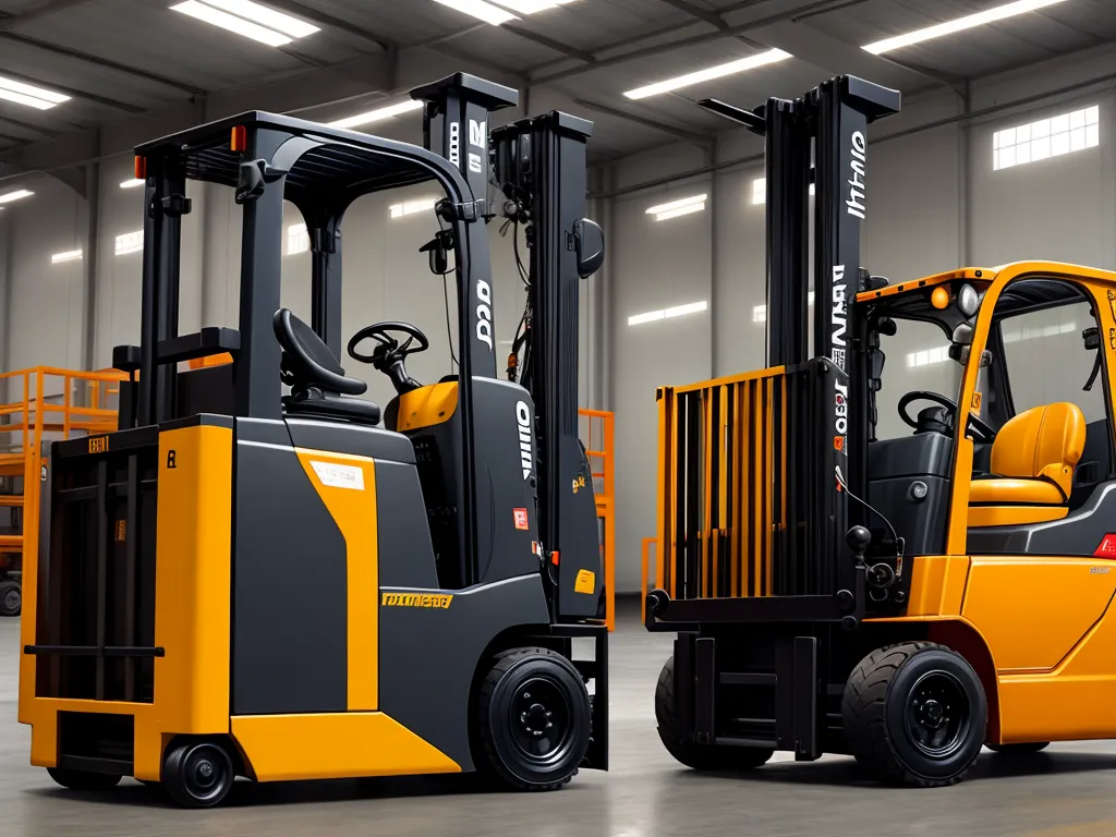 low res image to high res - a forklift and a forklift in a warehouse with lights on the ceiling and a forklift in the foreground, by Hendrik van Steenwijk I