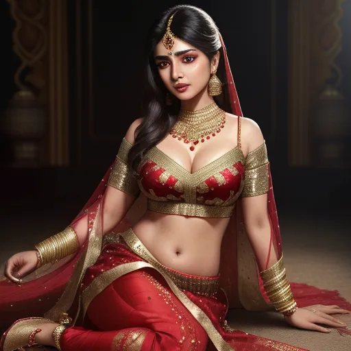 convert image to text ai - a woman in a red and gold outfit sitting on the floor with her hands on her hips and her hands on her hips, by Raja Ravi Varma