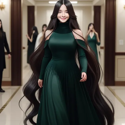 ai image generation - a woman in a green dress with long hair standing in a hallway with other people in the background wearing long black hair, by Chen Daofu