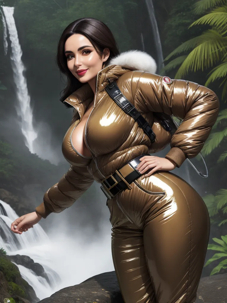 low quality image - a woman in a shiny gold outfit standing in front of a waterfall with a fur collar and fur collar, by Terada Katsuya