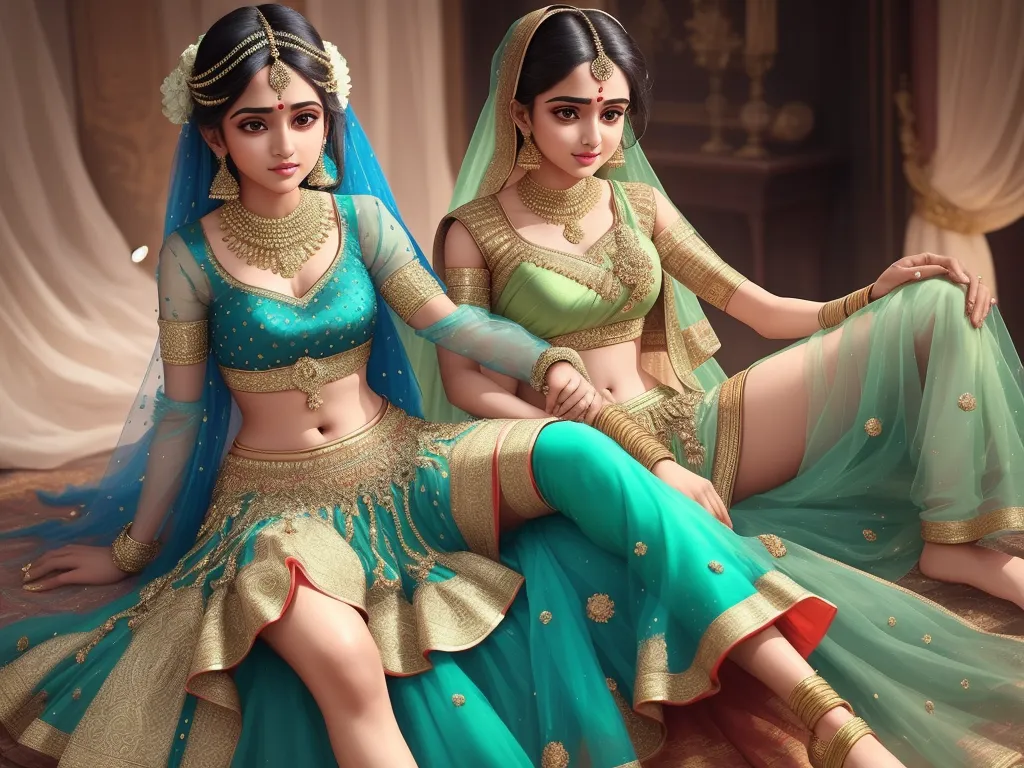 ultra hd print - two women in indian garb sitting on a bed together, one in a blue and green outfit and the other in a green and gold outfit, by Pixar Concept Artists