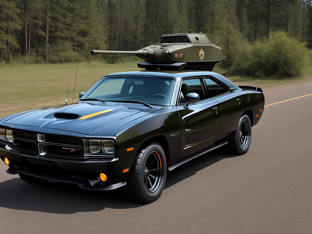 generate photo from text - a black car with a tank on top of it's roof driving down a road near a forest, by Hendrik van Steenwijk I