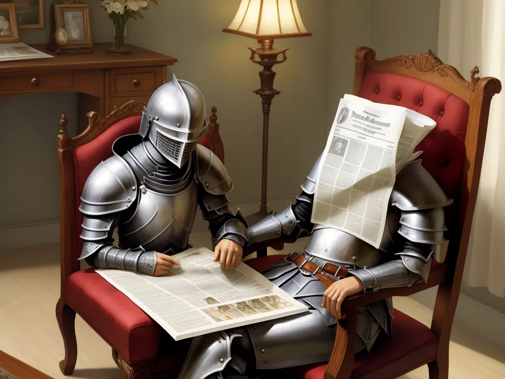 a knight sitting in a chair reading a newspaper while holding a newspaper in his hand and reading a newspaper in his other hand, by Jamie Baldridge