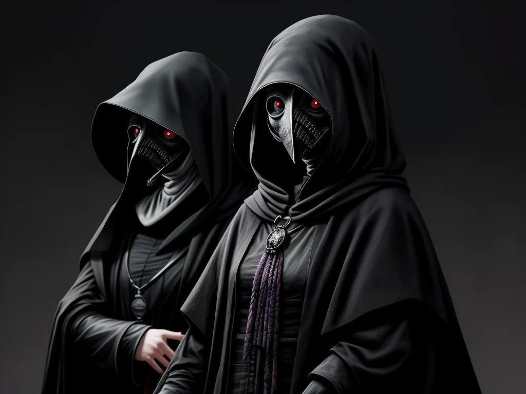 two people in black robes with red eyes and hoods on, one of them is holding a cell phone, by Wayne Barlowe