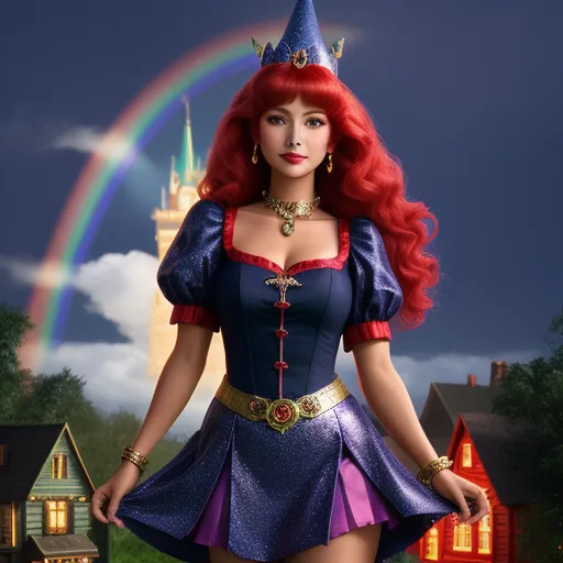 a woman dressed in a costume with a rainbow in the background and a castle in the background with a rainbow in the sky, by Naoko Takeuchi