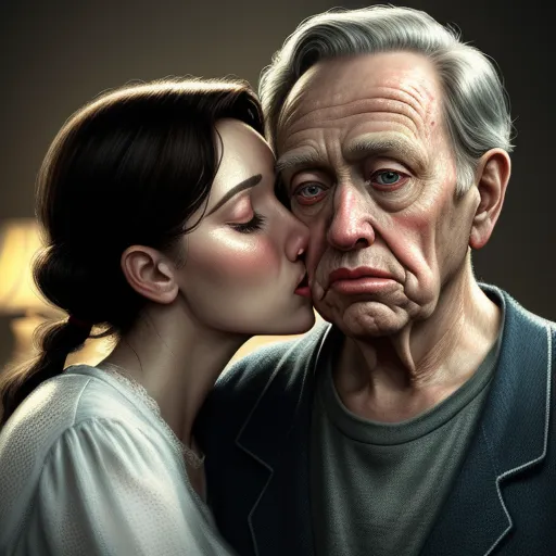 ai generated images from text - a painting of a man kissing a woman's face with a lamp in the background and a woman's face behind him, by Anton Semenov